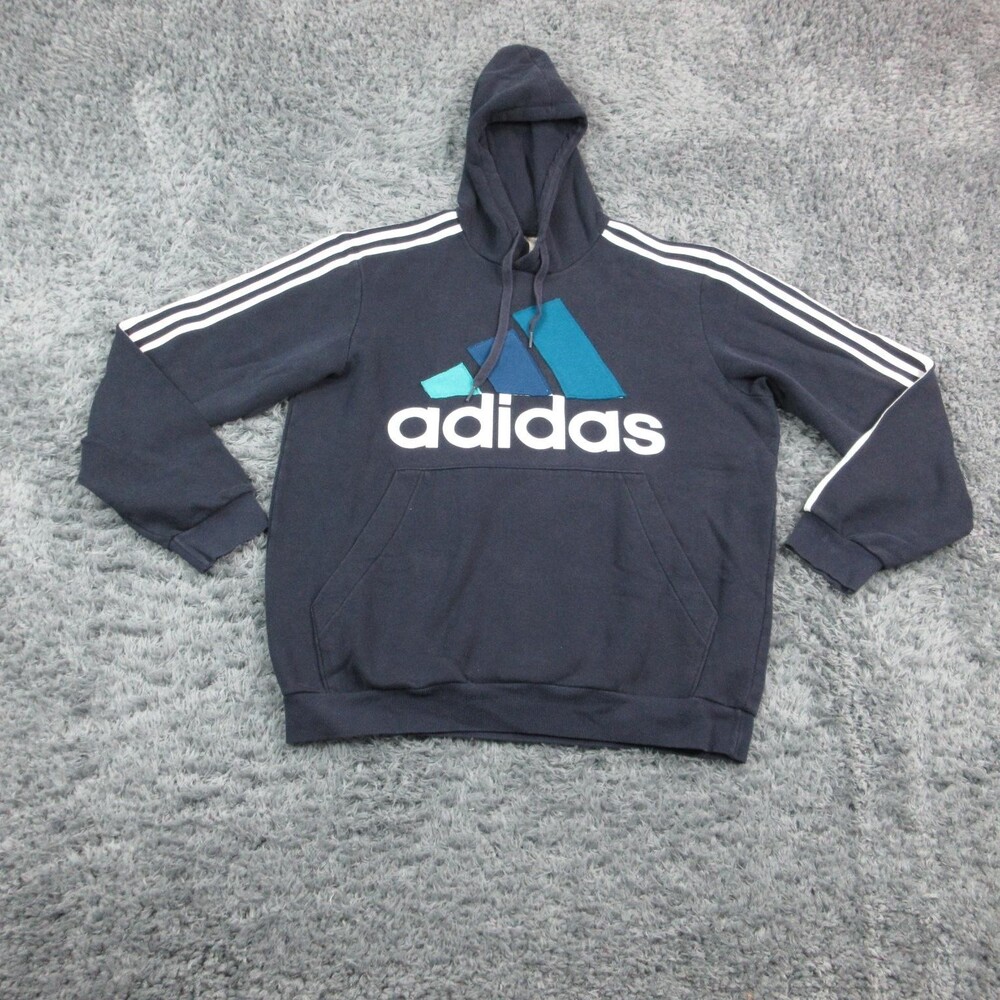 Adidas Hoodie Mens LT Blue Pullover Upcycled Sweatshirt Big Tall Logo 3 Stripe